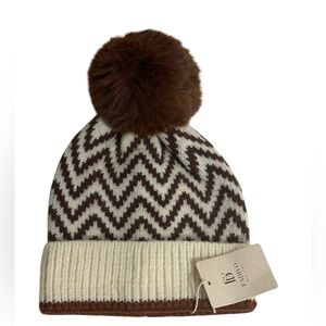 Soft Warm Style Brown Knitted Chevron Print Beanie With Faux Fur Pom Pom
